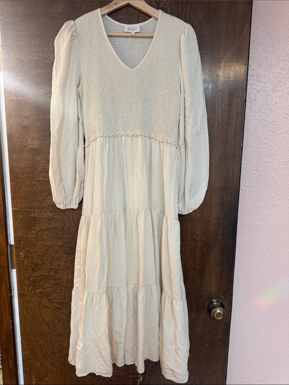 bohme Cream Smocked V-Neck Tiered Maxi Dress